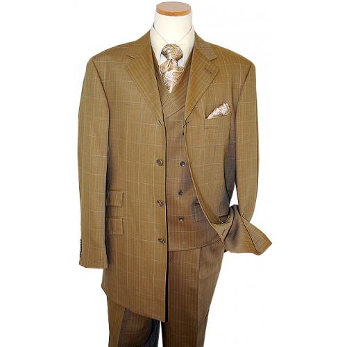 Steve Harvey Collection Taupe With Blue Windowpane Super 120's Merino Wool Vested Suit